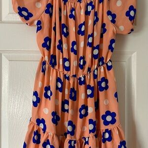 Peach Dress with Blue Floral Pattern